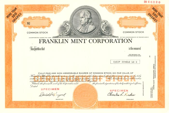 Franklin Mint Corporation - Specimen Stock Certificate